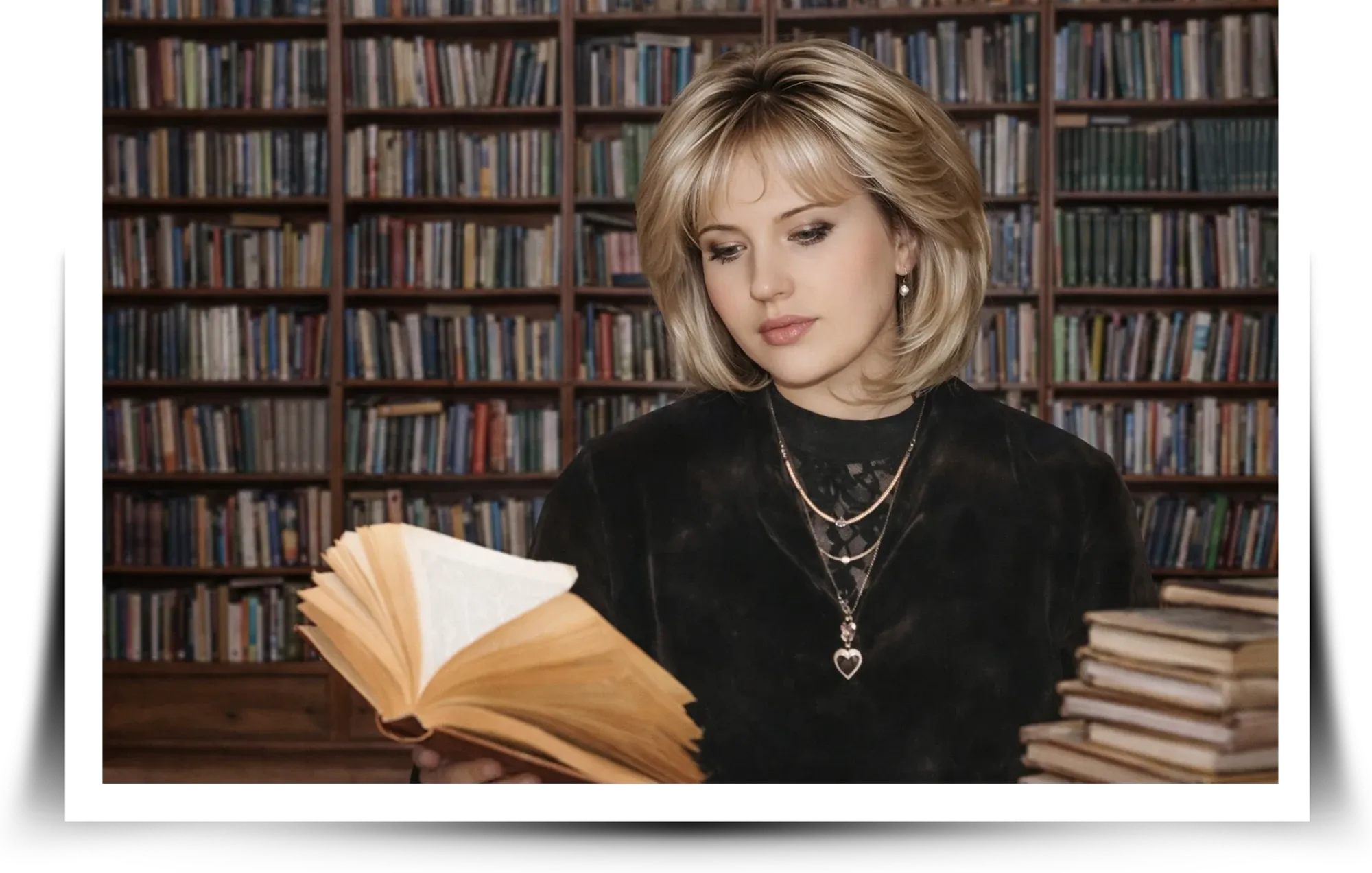 Эльвира Приходько с книгой на фоне библиотечных полок