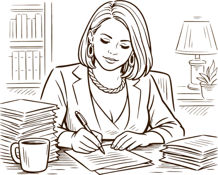 Женщина пишет за столом, заваленным рукописями